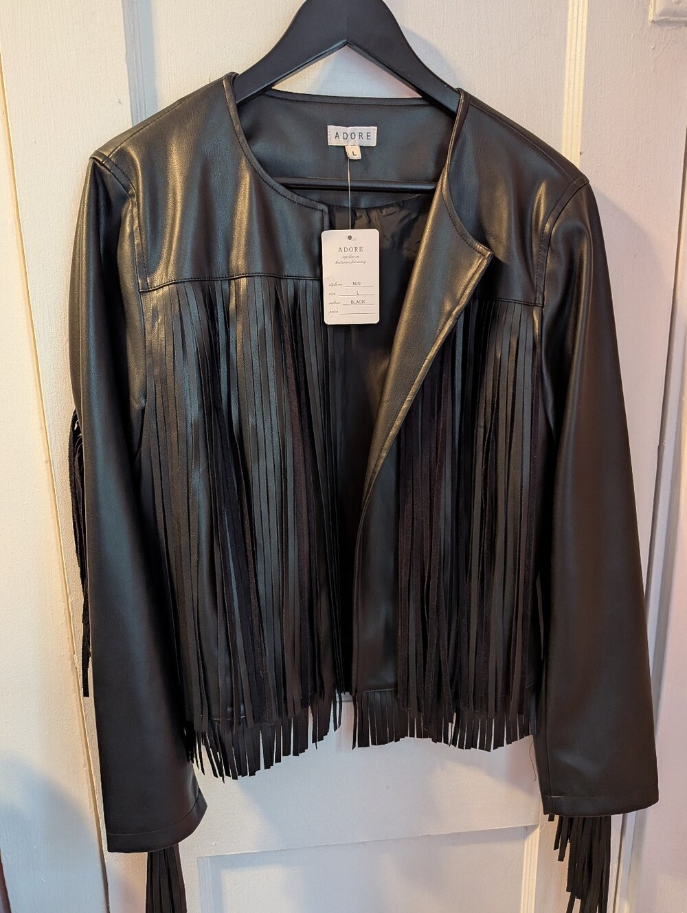 NWT Adore Black Fringe Faux Leather Moto Western Style Statement Jacket - Size L